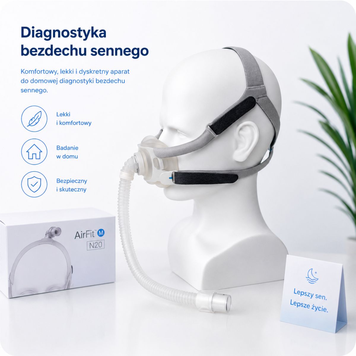 Diagnostyka bezdechu sennego nowoczesna maska CPAP AirFit N20 do domowego badania snu komfortowa i lekka maska do terapii bezdechu sennego bezpieczna i skuteczna diagnostyka oddychania podczas snu w warunkach domowych