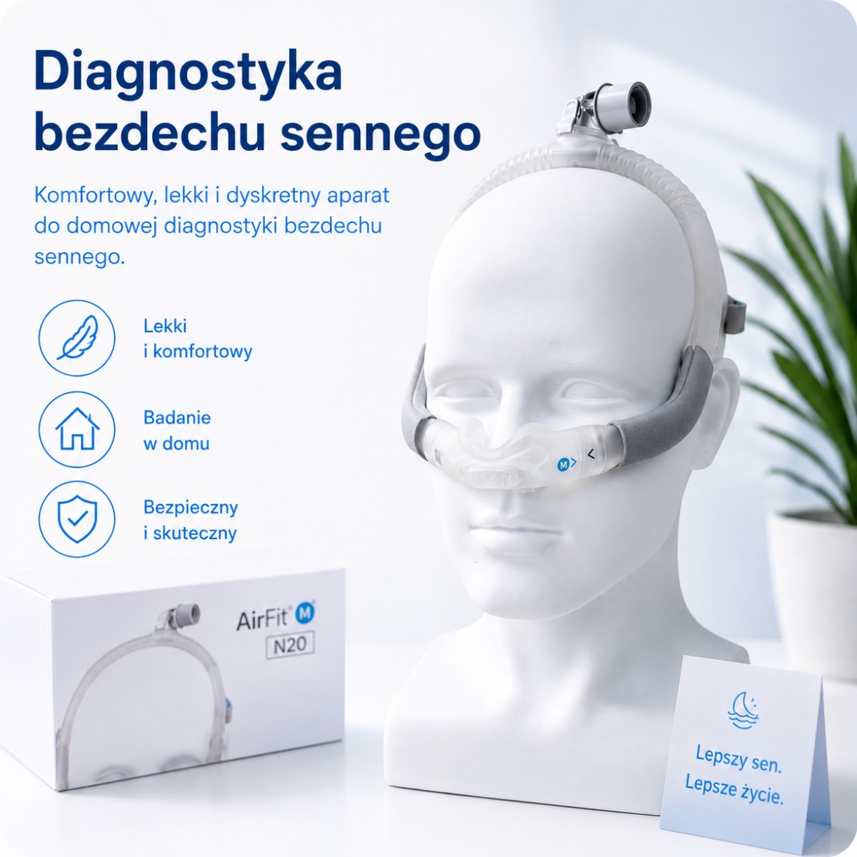 Diagnostyka bezdechu sennego domowy aparat do badania snu lekka i komfortowa maska CPAP AirFit N20 bezpieczne i skuteczne badanie bezdechu sennego w domu nowoczesne urządzenie do monitorowania oddychania podczas snu