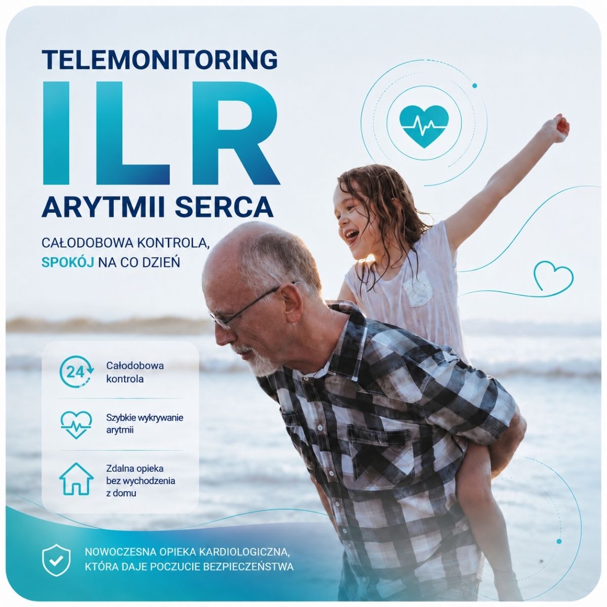 telemonitoring ILR arytmii serca, nowoczesna opieka kardiologiczna dla seniorów, dziadek z wnuczką nad morzem, zdalne monitorowanie rytmu serca, całodobowa kontrola arytmii, telemonitoring kardiologiczny 24h, bezpieczeństwo pacjenta kardiologicznego, szybkie wykrywanie arytmii, opieka telemedyczna dla seniorów, monitoring pracy serca w domu, nowoczesna telemedycyna, zdalna analiza EKG, monitoring wszczepialnego rejestratora arytmii, aktywne życie z ILR, zdalna opieka medyczna, kontrola rytmu serca online, t