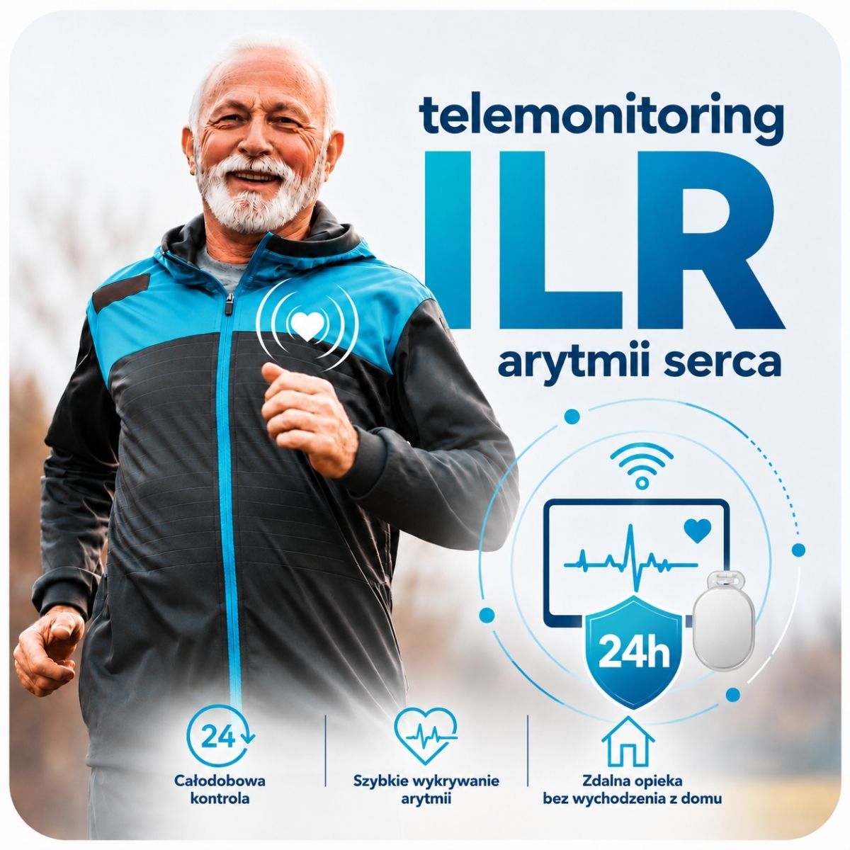 Telemonitoring IRL arytmii serca – aktywny senior korzystający z nowoczesnego monitoringu serca 24h, Zdalne monitorowanie arytmii serca IRL z całodobową kontrolą i szybkim wykrywaniem zaburzeń rytmu, Senior podczas biegania z systemem telemonitoringu arytmii serca i opieką medyczną na odległość, Telemonitoring serca 24h – nowoczesna diagnostyka arytmii bez wychodzenia z domu, Urządzenie do zdalnego monitorowania rytmu serca IRL dla pacjentów z arytmią, Całodobowy telemonitoring EKG i szybkie wykrywanie aryt