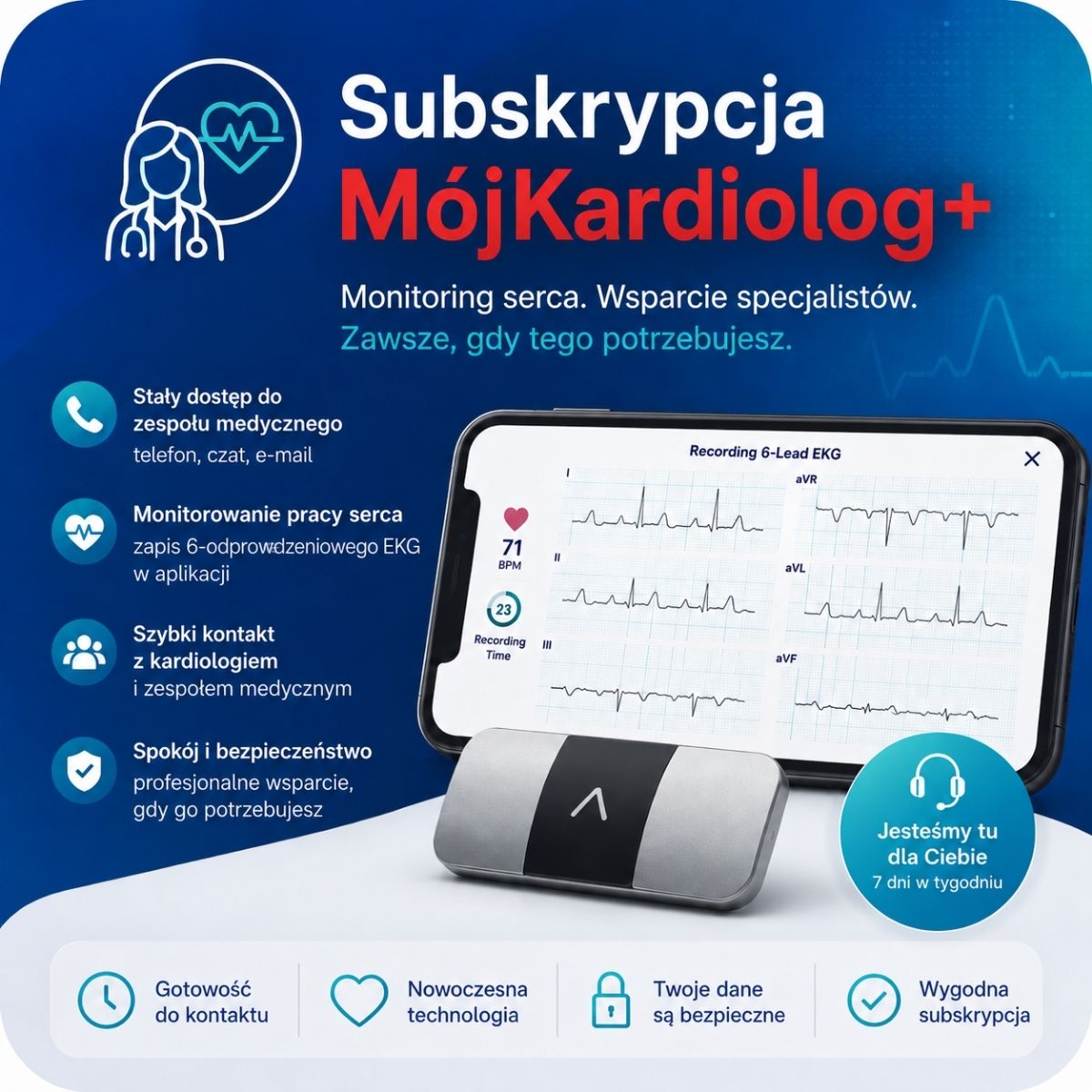 Subskrypcja MójKardiolog+ – nowoczesny monitoring pracy serca z 6-odprowadzeniowym EKG w aplikacji mobilnej. Grafika prezentuje urządzenie do monitorowania rytmu serca, zapis EKG na smartfonie oraz informacje o stałym kontakcie z zespołem medycznym i kardiologiem. Teleopieka kardiologiczna online, analiza rytmu zatokowego, bezpieczeństwo danych oraz wsparcie medyczne 7 dni w tygodniu.