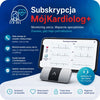 Subskrypcja MójKardiolog+ – nowoczesny monitoring pracy serca z 6-odprowadzeniowym EKG w aplikacji mobilnej. Grafika prezentuje urządzenie do monitorowania rytmu serca, zapis EKG na smartfonie oraz informacje o stałym kontakcie z zespołem medycznym i kardiologiem. Teleopieka kardiologiczna online, analiza rytmu zatokowego, bezpieczeństwo danych oraz wsparcie medyczne 7 dni w tygodniu.