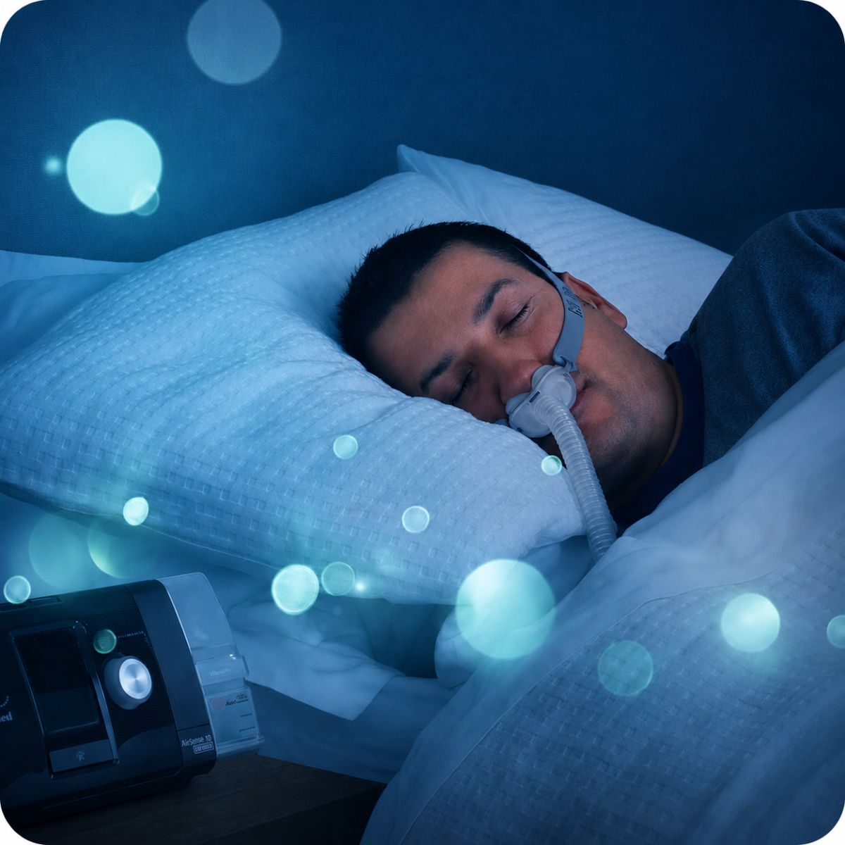 Pacjent śpiący z aparatem CPAP podczas terapii bezdechu sennego w sypialni nocą urządzenie do leczenia obturacyjnego bezdechu sennego maska CPAP poprawa jakości snu i oddychania podczas snu