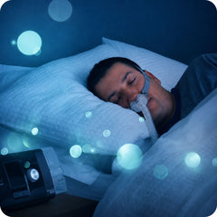 Pacjent śpiący z aparatem CPAP podczas terapii bezdechu sennego w sypialni nocą urządzenie do leczenia obturacyjnego bezdechu sennego maska CPAP poprawa jakości snu i oddychania podczas snu
